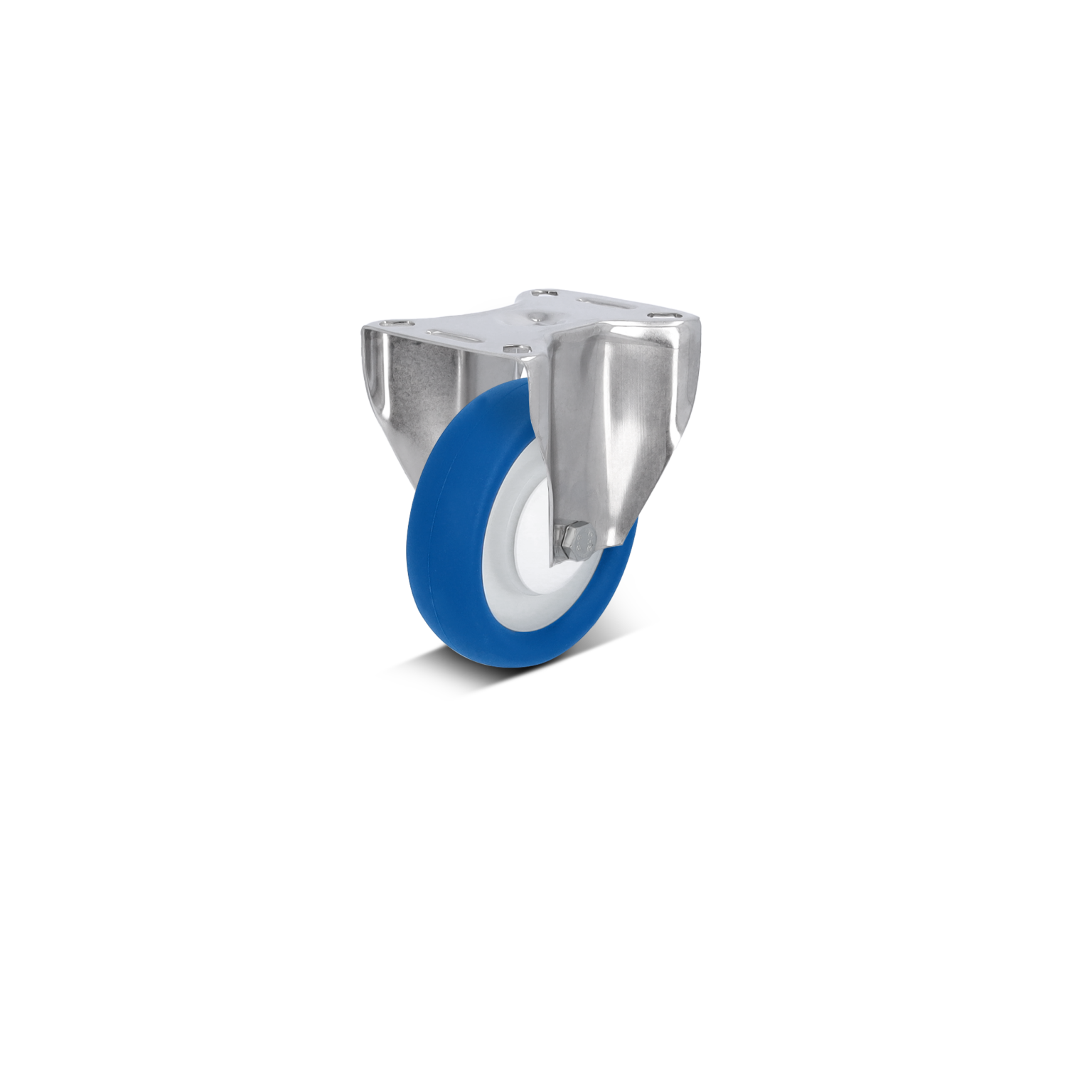 Een zilveren stalen zwenkwiel met een blauwe rubberen band. Het wiel is bevestigd aan een sterk montageschroef met een gladde afwerking. Achtergrond is zwart.