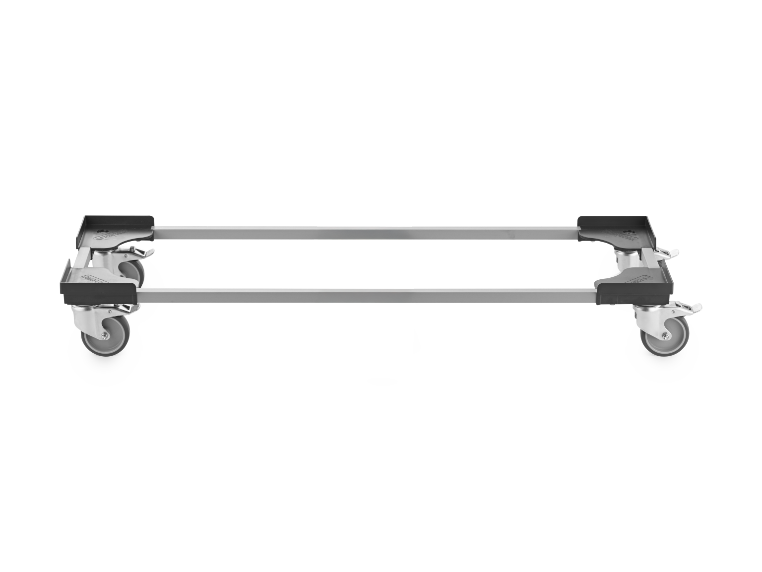 A transport trolley frame is displayed, featuring a metallic structure with four swivel castors. The castors have black rims and are positioned at each corner, emphasizing mobility and support in industrial settings.