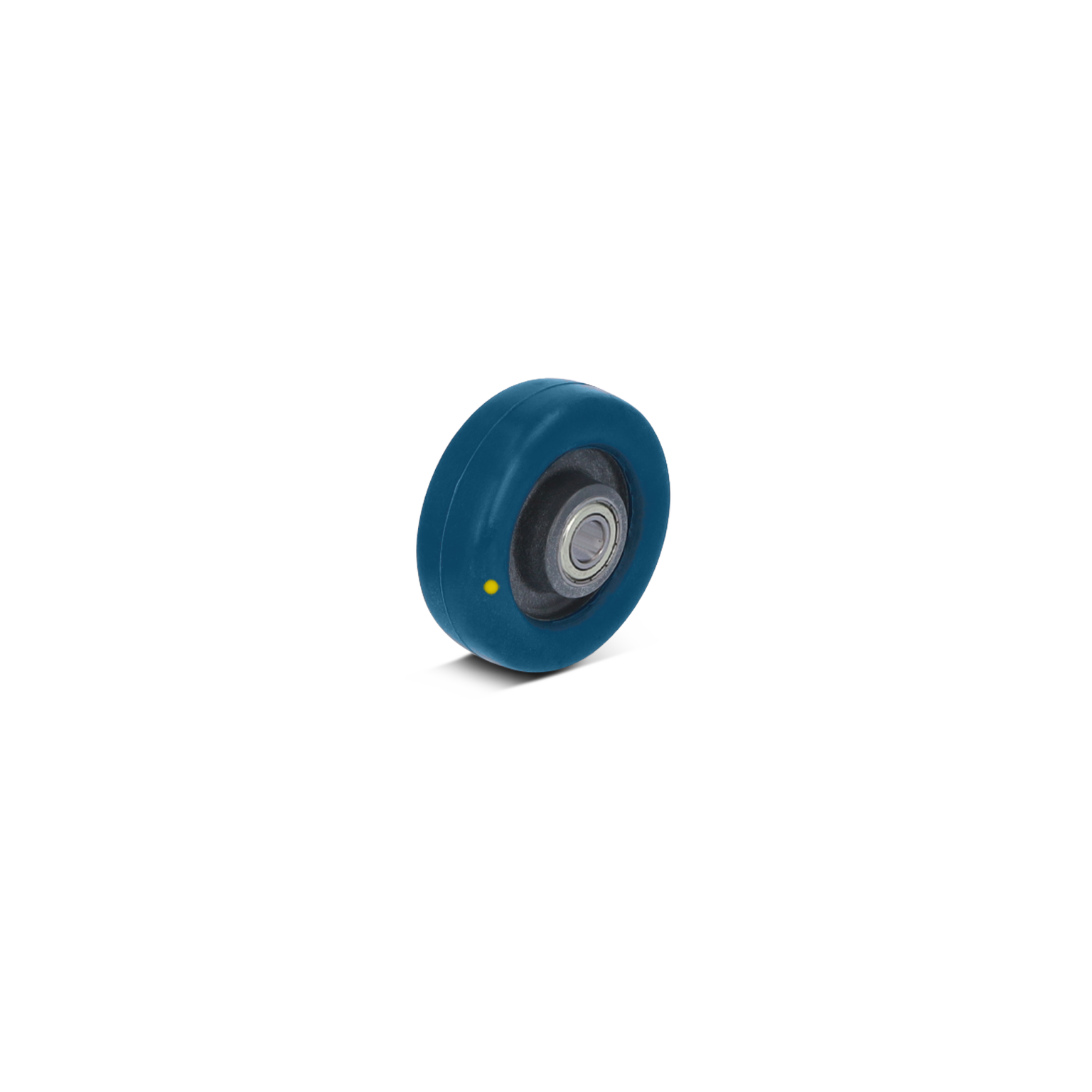 Blauwe industriële wiel met een rubberen buitenrand en een metalen lagersysteem in het midden. Het wiel is gepositioneerd op een neutrale achtergrond, waardoor de focus volledig op het wiel ligt.