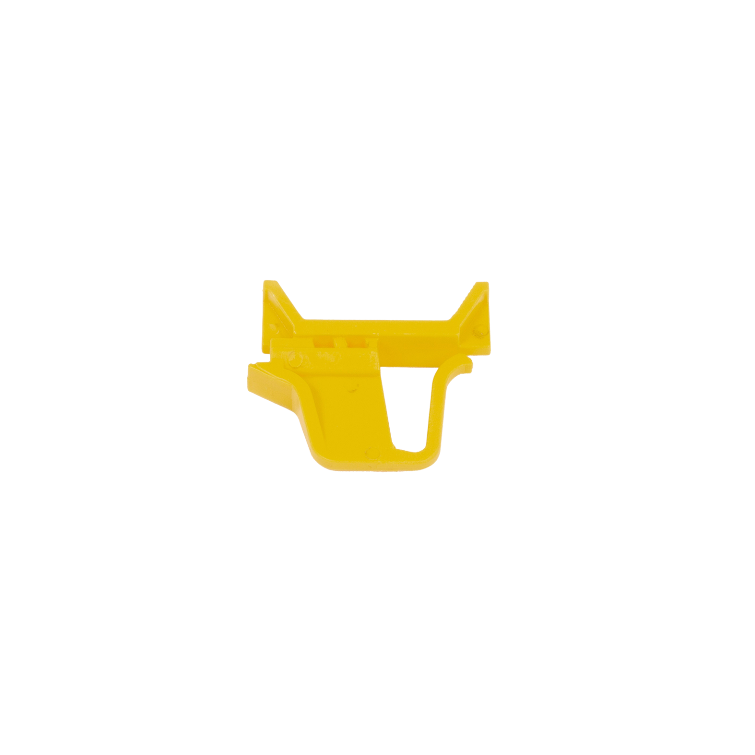 A yellow plastic clip component is presented, featuring a flat side and a hook-like structure for attachment. It is shown against a blank background, highlighting its design and shape.