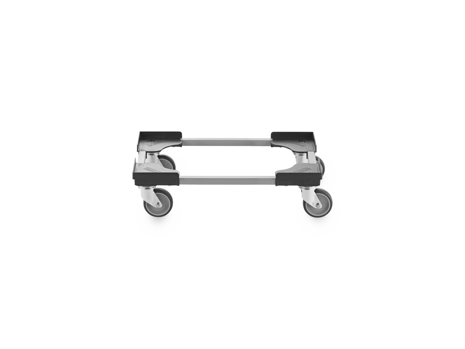 Transport trolley featuring a rectangular frame with four casters. The trolley is designed for mobility, showcasing a metallic structure with plastic components. The background is plain, emphasizing the trolley-s features.