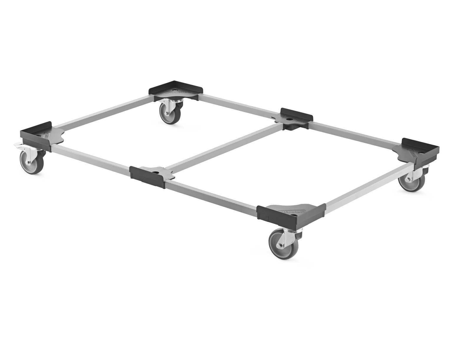 A transport trolley frame features a rectangular aluminum structure with four corner supports and mounted casters. It is positioned against a neutral background, highlighting its design for material handling.