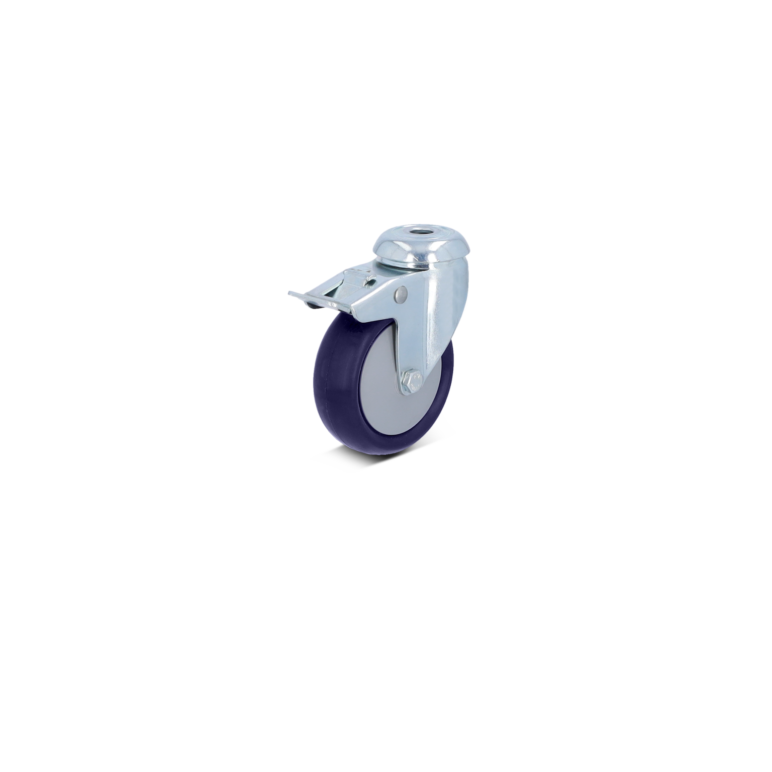 A swivel caster wheel features a dark blue rubber tire and a metallic silver mounting plate. It is positioned upright, showcasing its mobility component, suitable for various industrial applications.