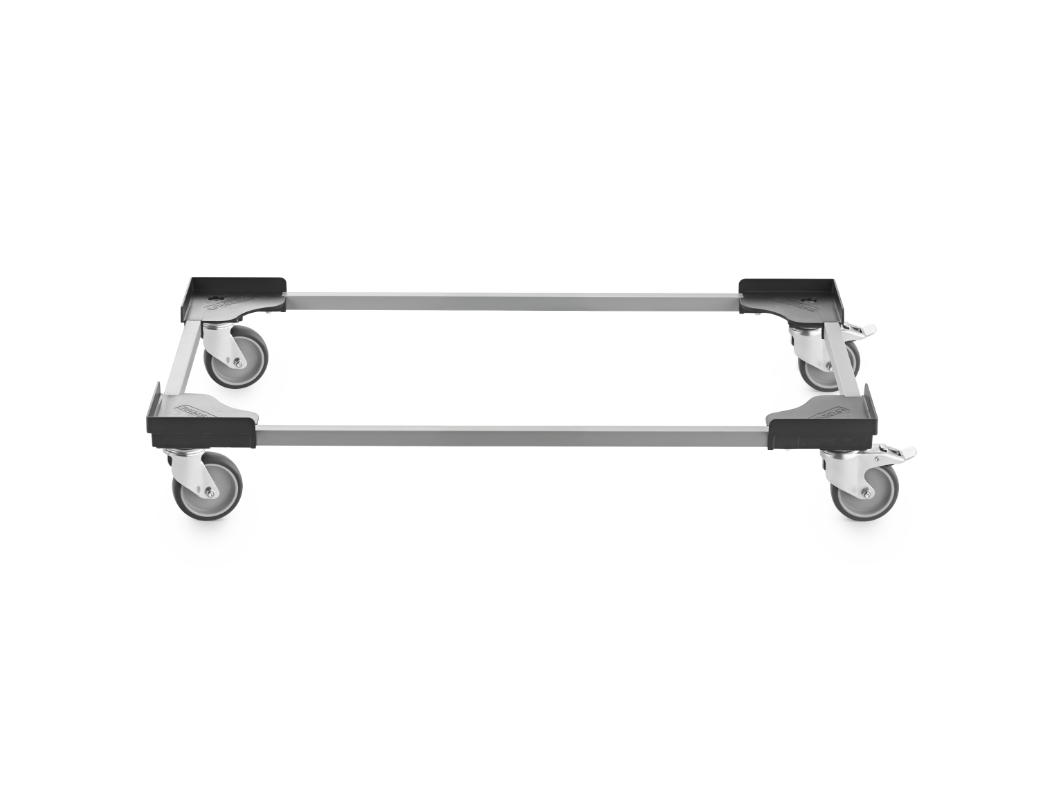 Transport trolley frame with four swivel castors attached to each corner. The structure is primarily metallic, featuring plastic connectors at the corners. The background is plain and unobtrusive.