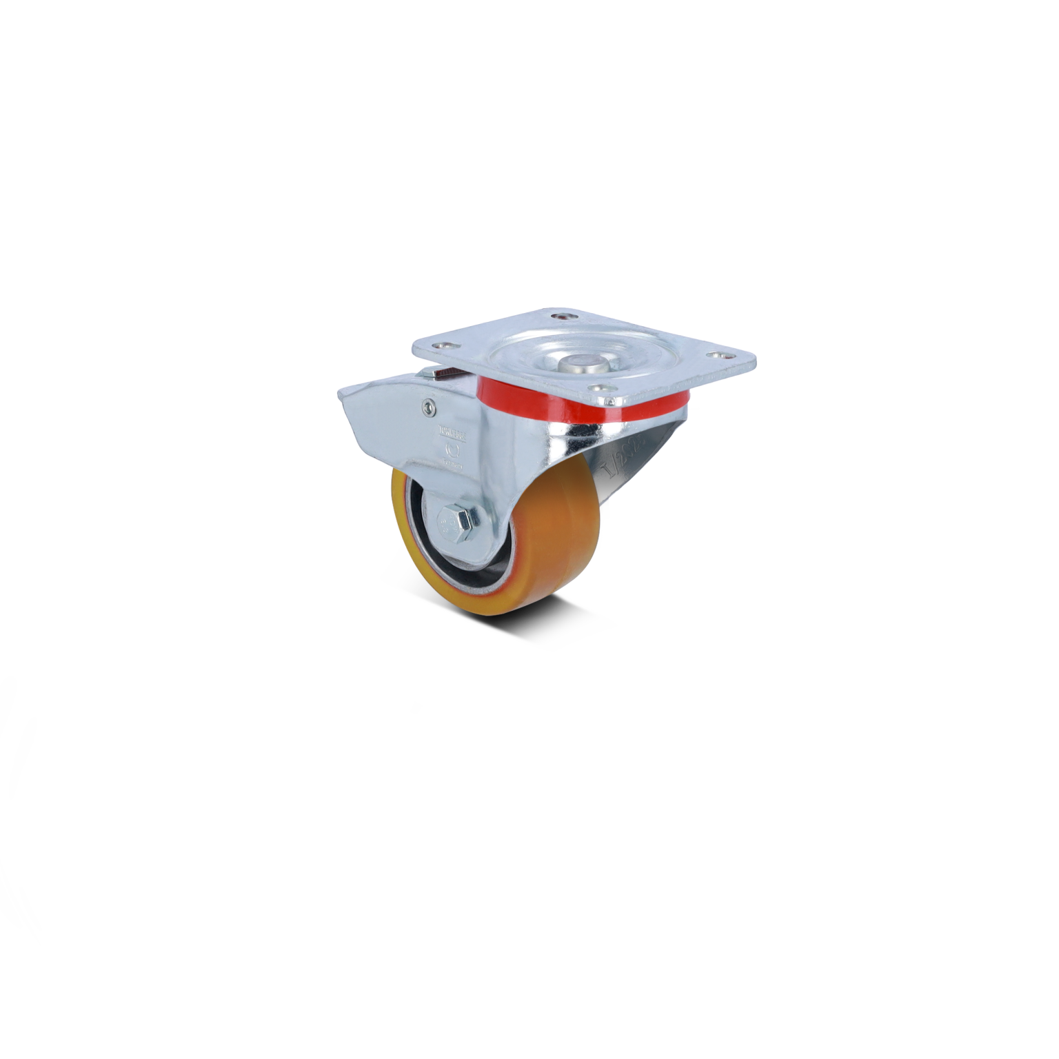 A swivel castor with a shiny metal housing and a red accent, featuring a polyurethane wheel. It is positioned at an angle, highlighting its mounting plate with four holes for attachment. The background is plain.