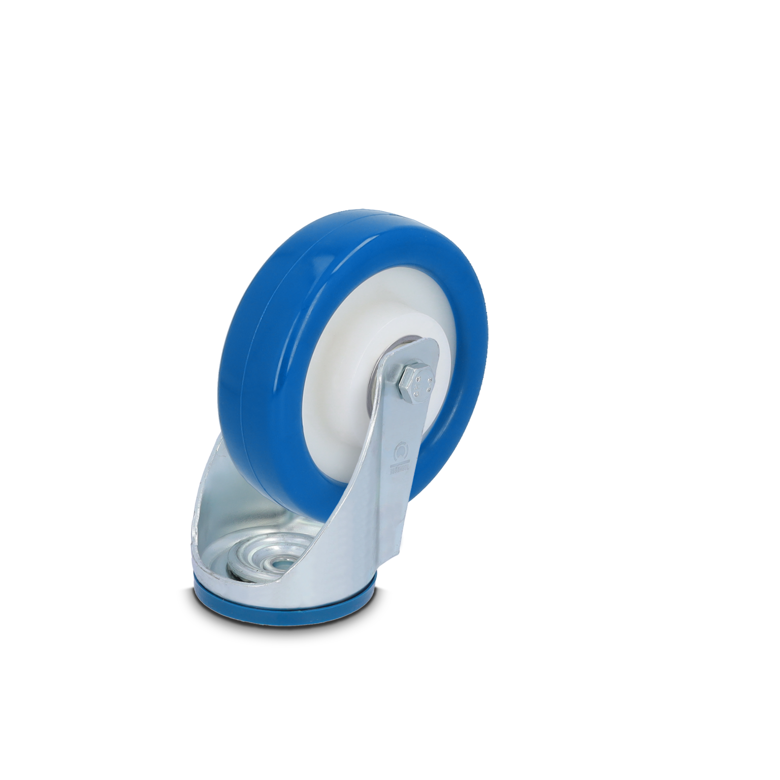 Blauwe industriële wiel met een witte kern, bevestigd aan een metalen montageplaat. Het wiel is ontworpen voor gebruik in materiaalhandling en intralogistiek. Geen tekst aanwezig.