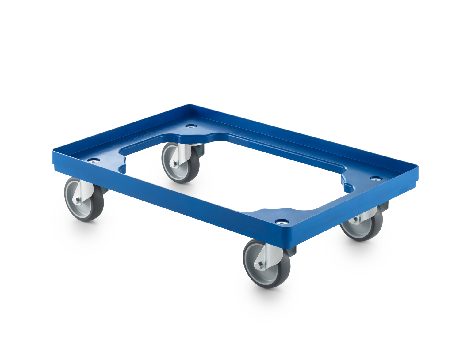 Blue transport trolley with a rectangular plastic frame and mounted swivel castors. The design features an open center for easy handling, suitable for material movement in industrial settings.