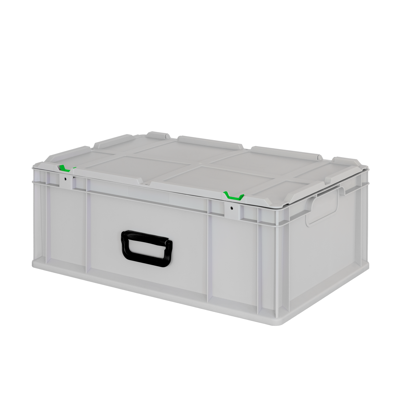 A sturdy, transparent plastic storage box features a black handle and green clips on top. It is rectangular, with a flat lid, designed for organizing or transporting materials in industrial settings.