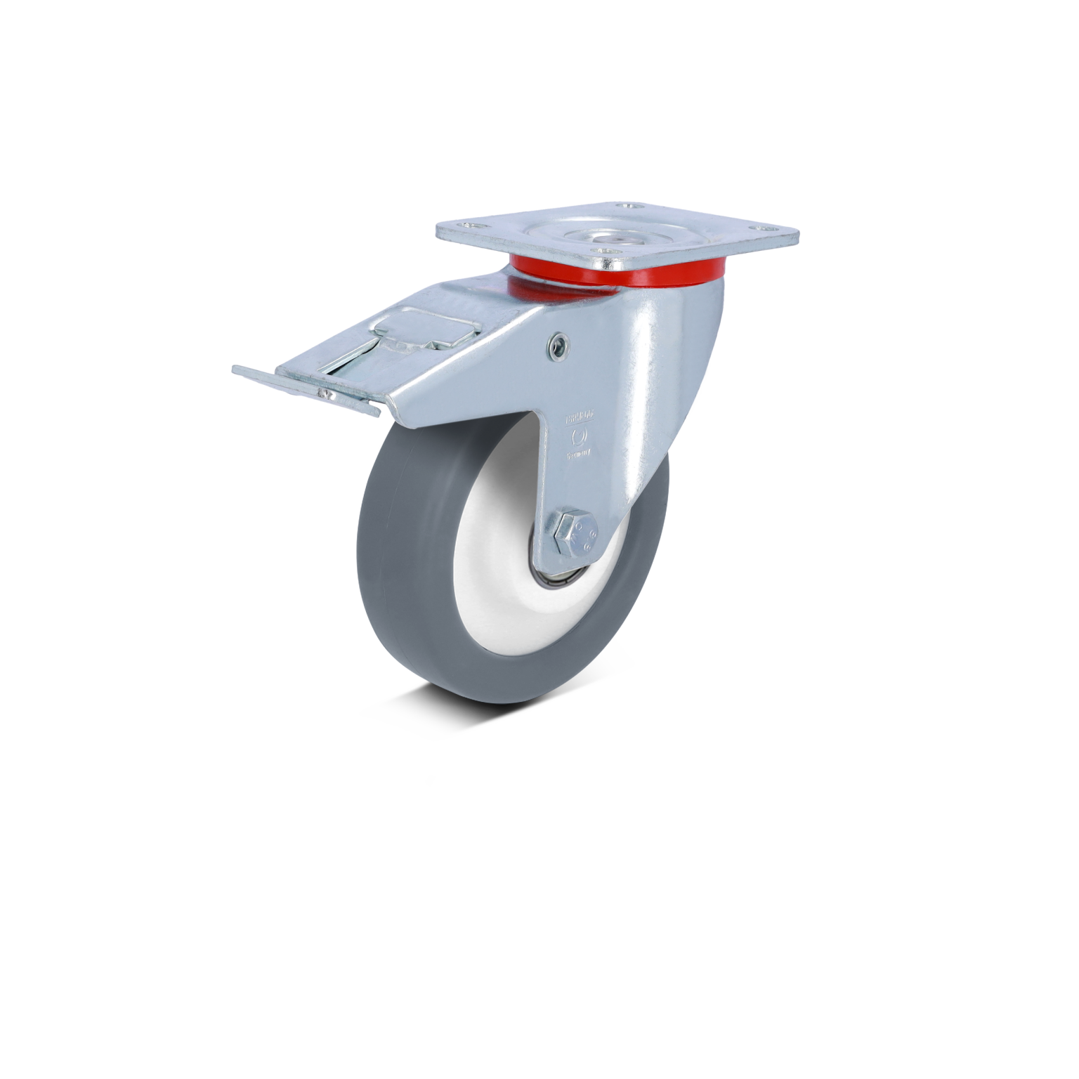 A swivel wheel with a gray rubber tire and a white inner rim is mounted on a metal plate. The wheel features red accents and is positioned for potential movement in an industrial setting.
