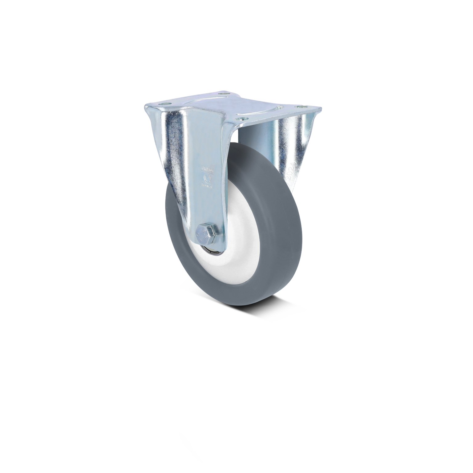 A gray rubber wheel with a white inner rim is mounted on a metallic bracket. The bracket has a flat top with four mounting holes, positioned against a blank background.