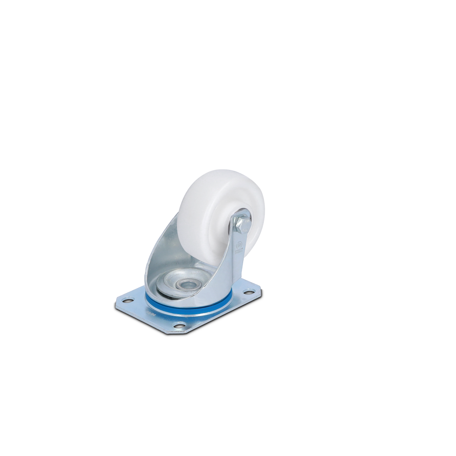 A metal swivel castor features a white plastic wheel mounted on a silver base plate. The base has four holes for attachment. It is designed for mobility in industrial applications.