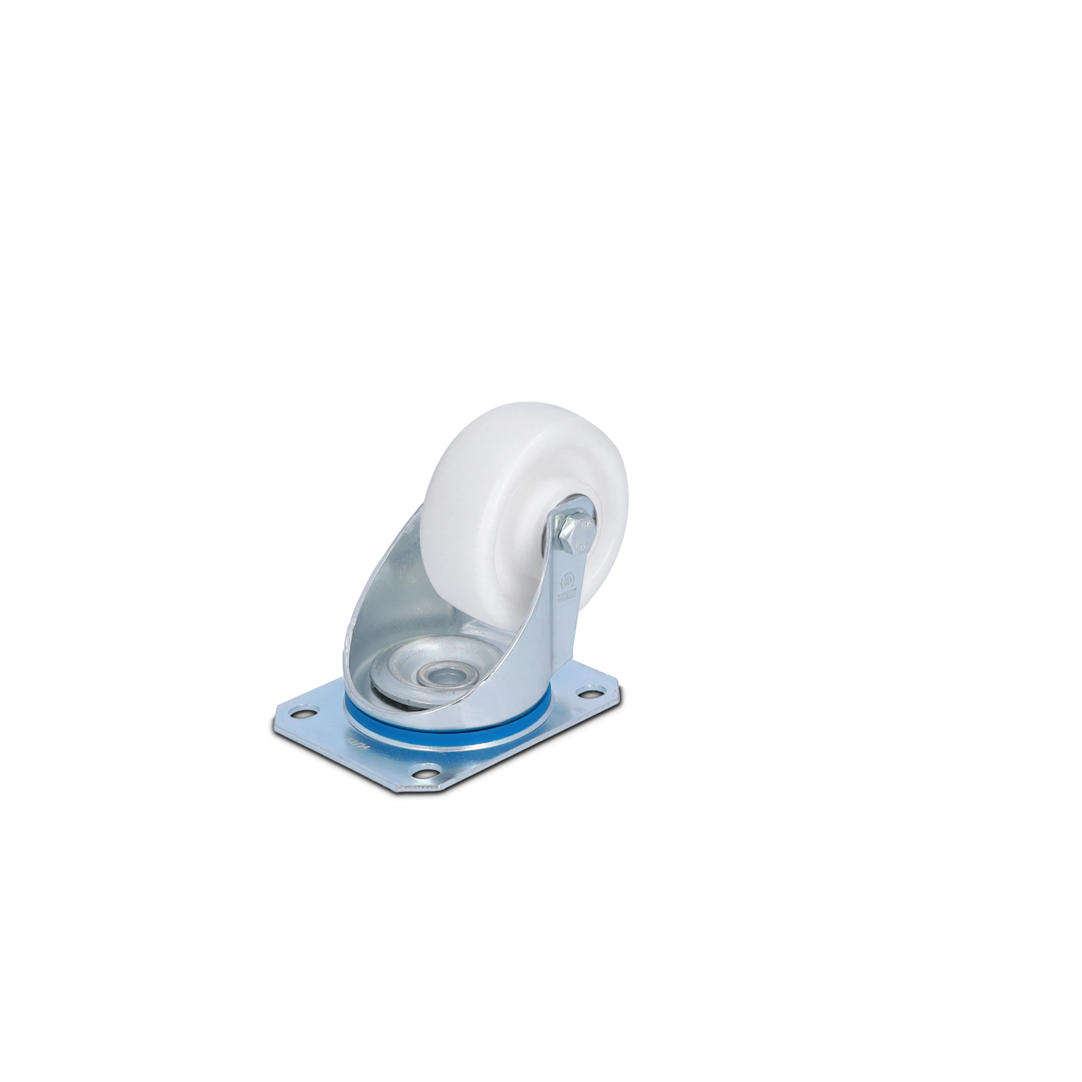 A metal swivel castor features a white plastic wheel mounted on a silver base plate. The base has four holes for attachment. It is designed for mobility in industrial applications.