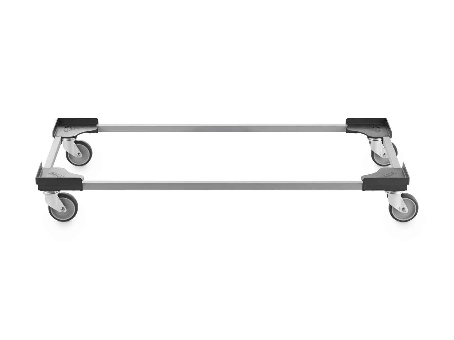 A transport trolley features a rectangular metal frame supported by four swivel castors. The design includes rubber pads at the corners for stability and protection during use, set against a plain background.