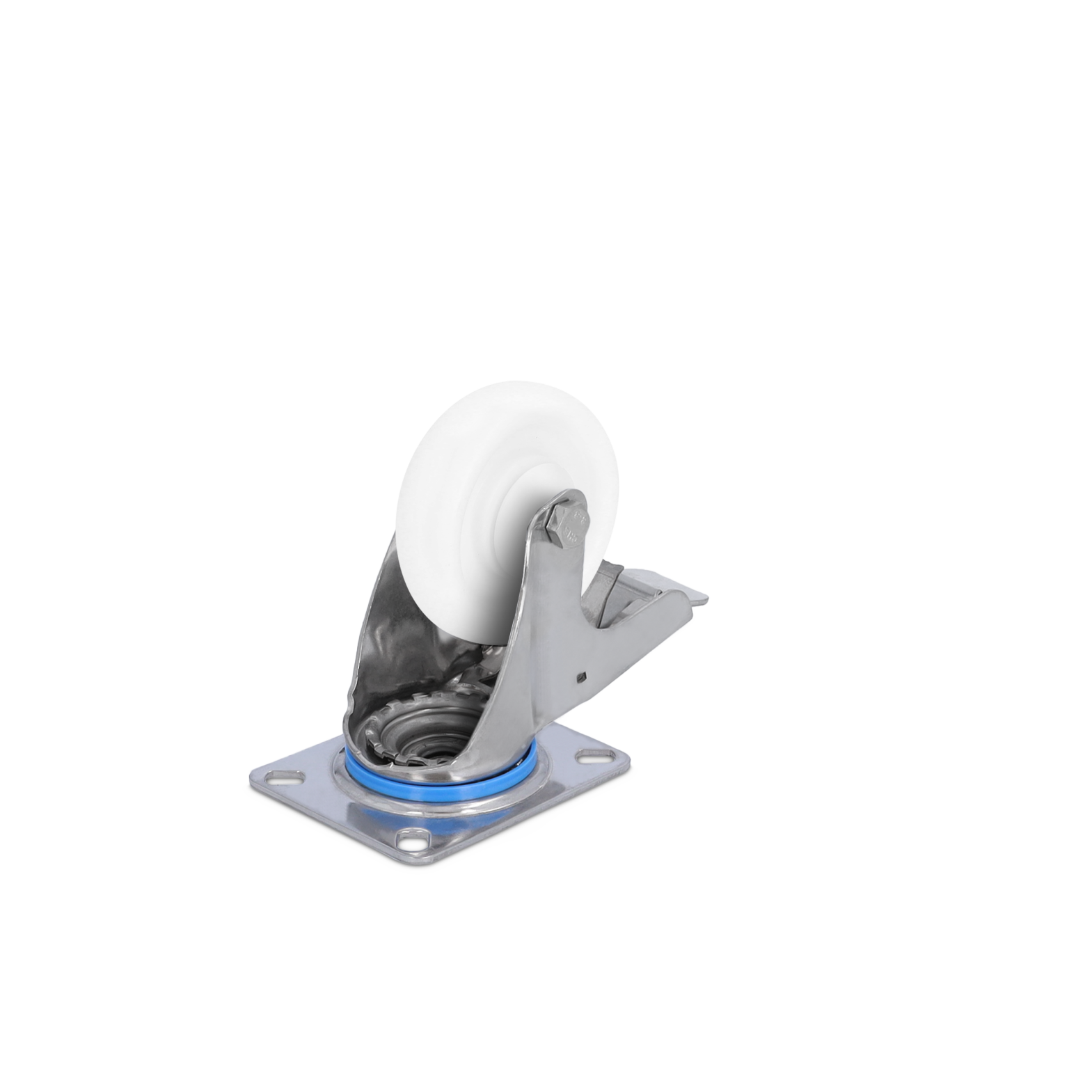 A swivel castor featuring a white plastic wheel mounted on a metallic, angled bracket. The bracket is secured with a square base plate, displaying bolt holes for attachment.