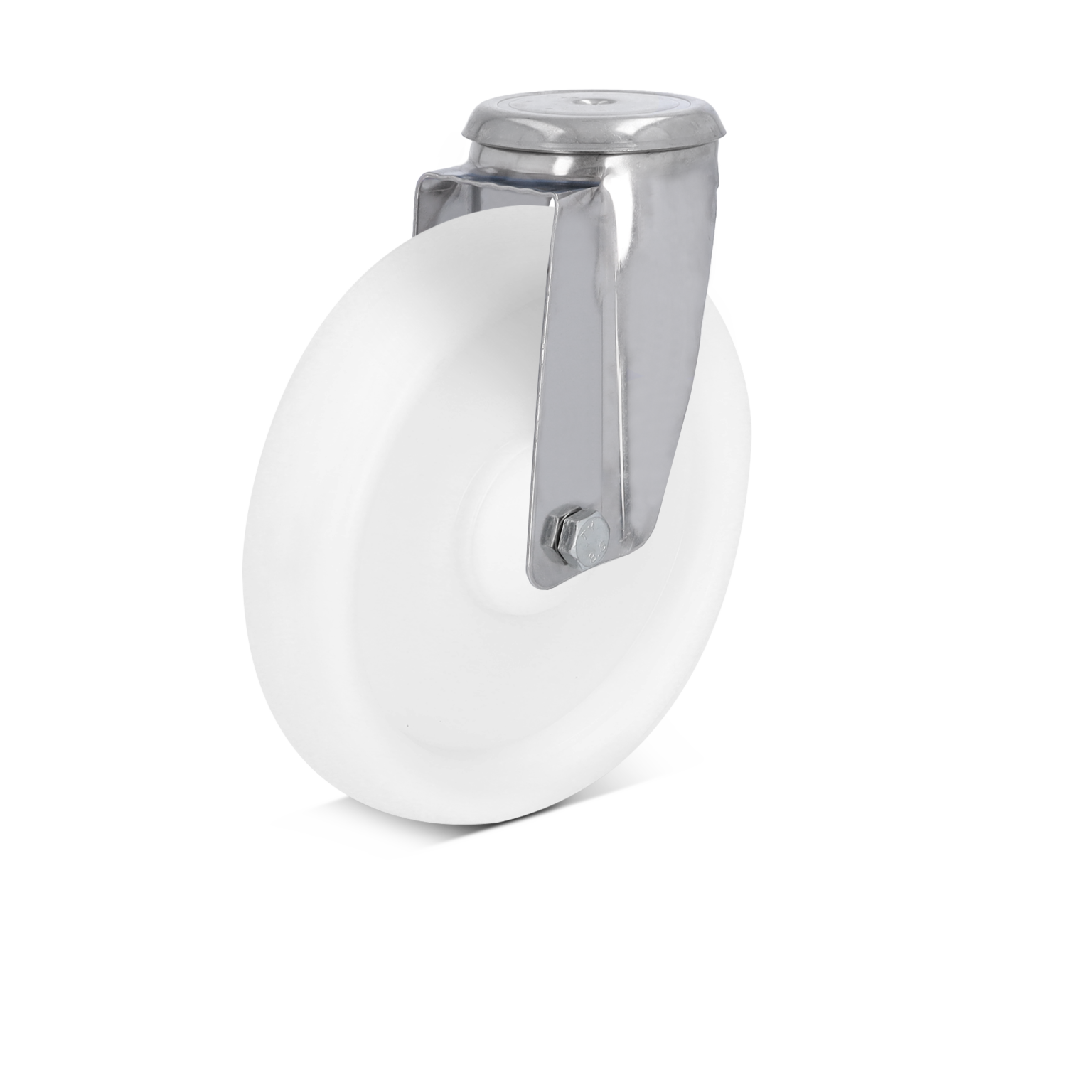 A white industrial wheel is mounted on a metallic swivel bracket. The bracket features a bolt for secure attachment. The background is plain, emphasizing the wheel-s simple, functional design.