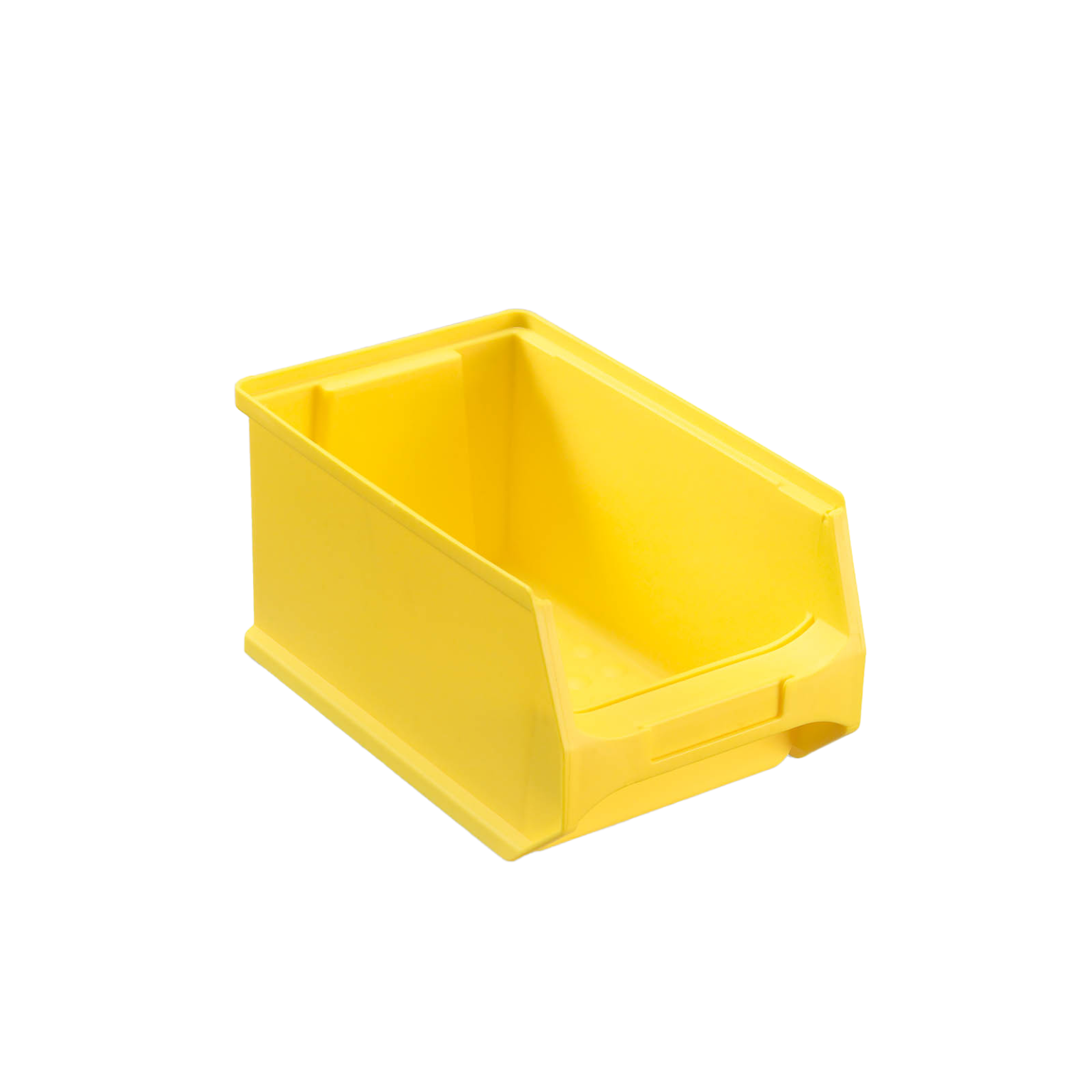 A yellow plastic storage bin features an open top and sloped front for easy access. Its design suggests use in organizing materials within industrial or warehouse settings.