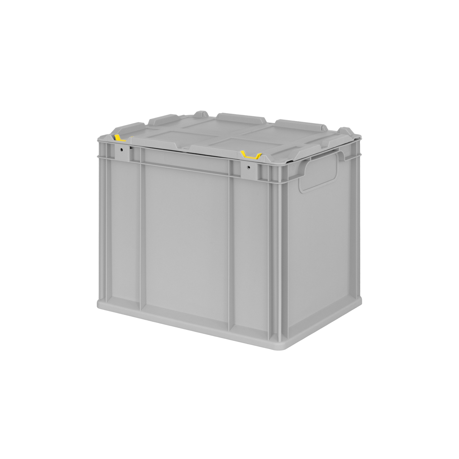 Graue Kunststoffbox mit stabilem Deckel und seitlichen Handgriffen. Sie hat eine rechteckige Form und gelbe Clips zur Sicherung des Deckels. Der Hintergrund ist neutral.