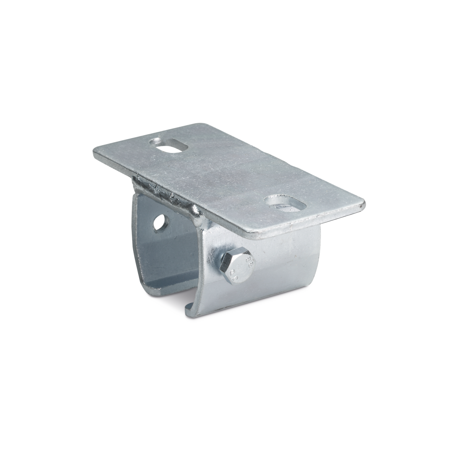Metall-Halterung mit einer rechteckigen Grundplatte, die zwei Bohrungen aufweist, und einer gebogenen Seitenhaltestruktur. Sie ist aus silberfarbenem Metall gefertigt und lässt sich zur Montage verwenden.