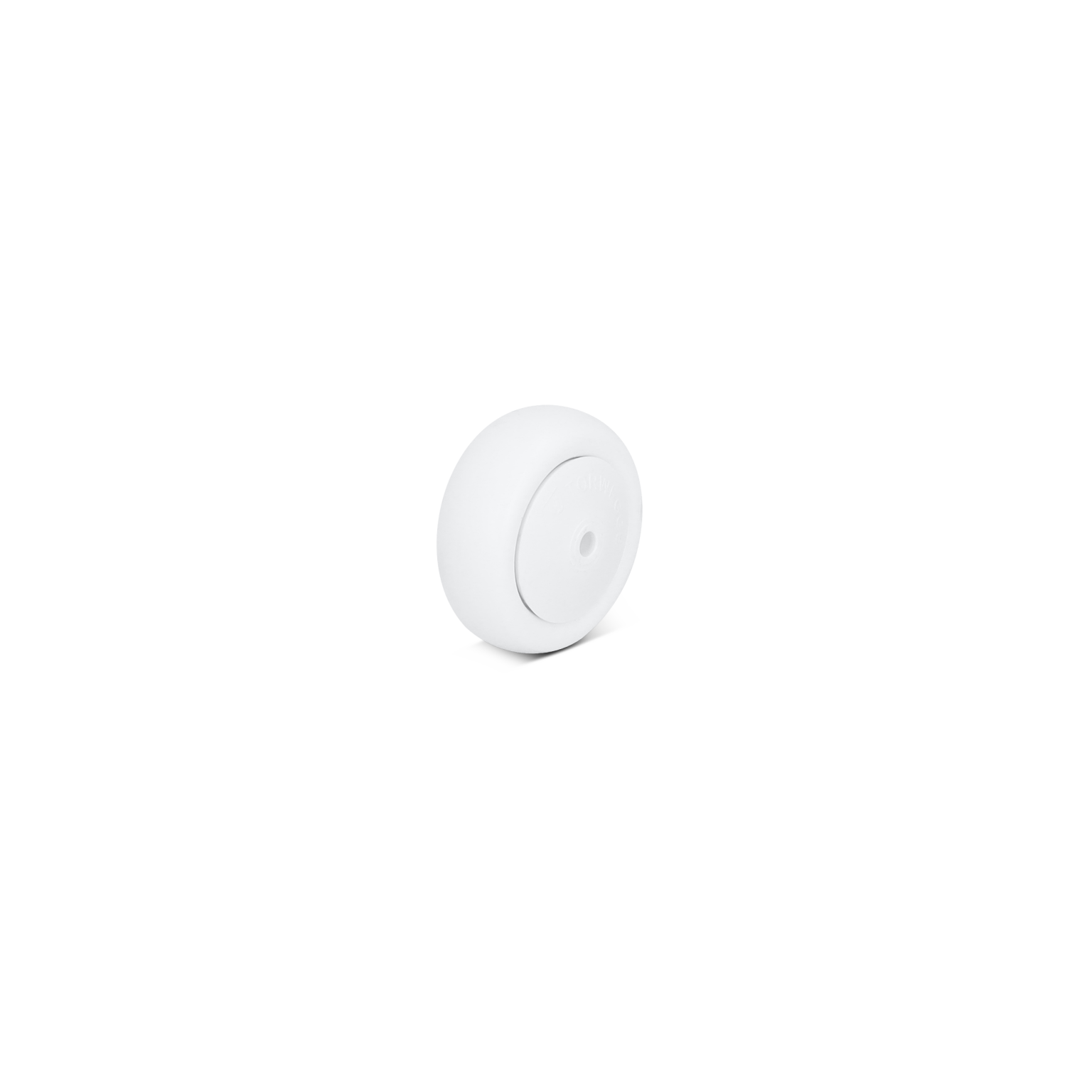 A white industrial wheel is shown, featuring a smooth surface and a central mounting hole. It is positioned against a blank background, emphasizing its sleek design for material handling applications.
