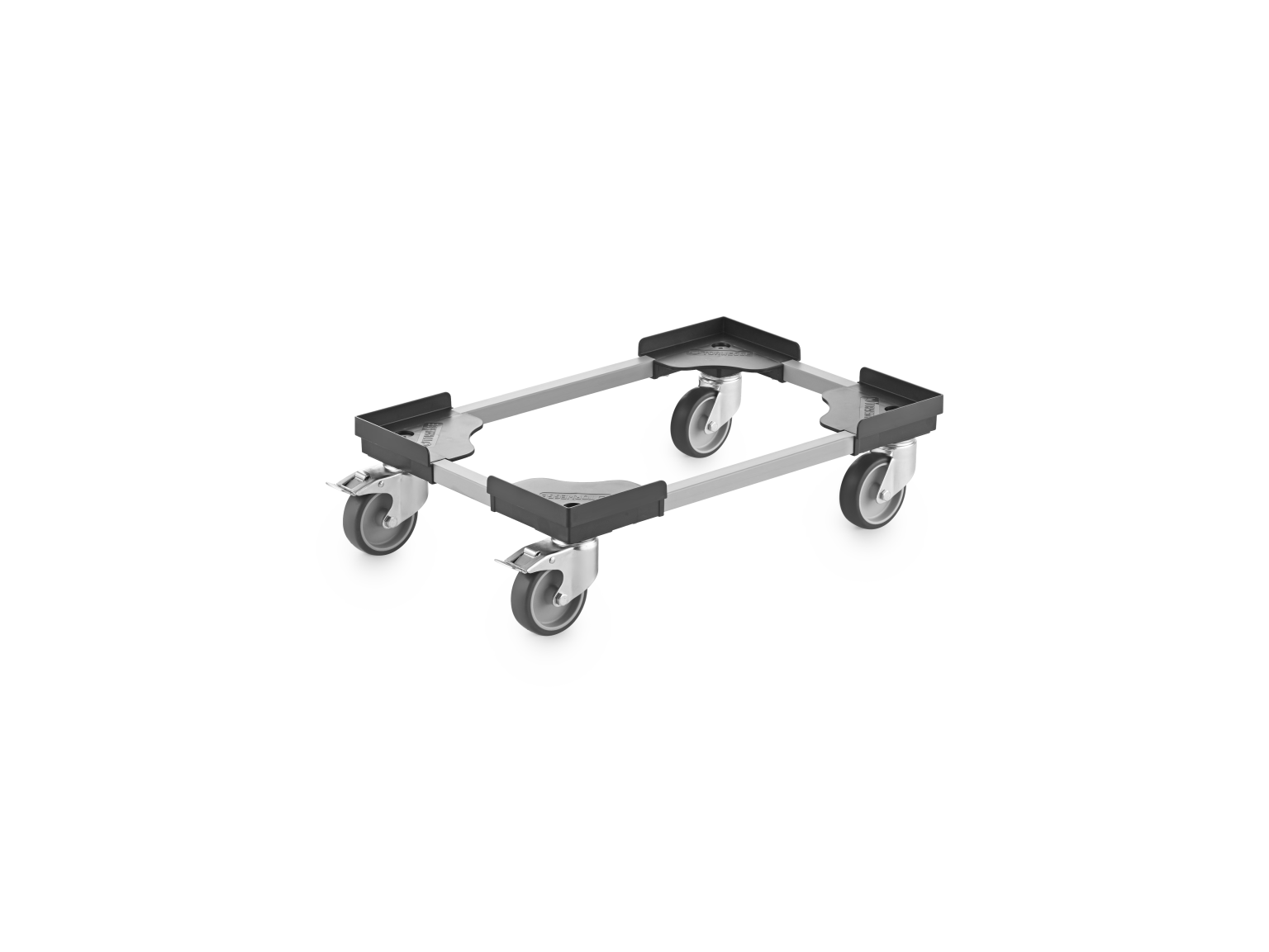 A transport trolley features a rectangular metal frame with a sleek design, mounted on four swivel castors. Its environment is neutral, emphasizing the trolley-s industrial utility and mobility.