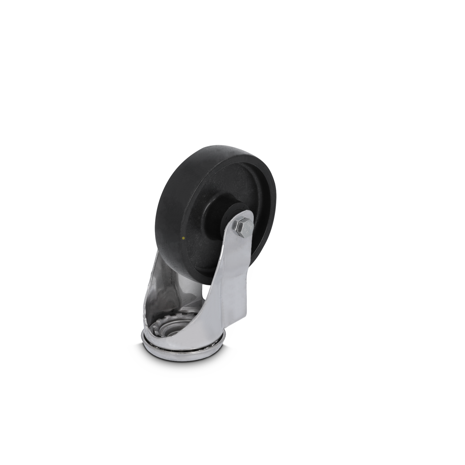 A black rubber wheel mounted on a metal swivel bracket, designed for easy movement. The wheel features a central hub, and the bracket appears polished, suitable for industrial use.