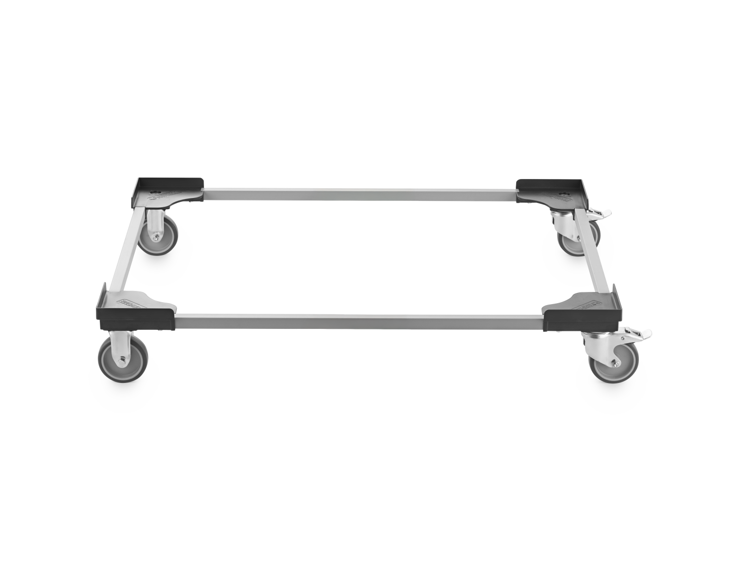 A transport trolley with a rectangular frame and four swivel castors. It features black plastic corner caps for stability and is positioned on a neutral background.