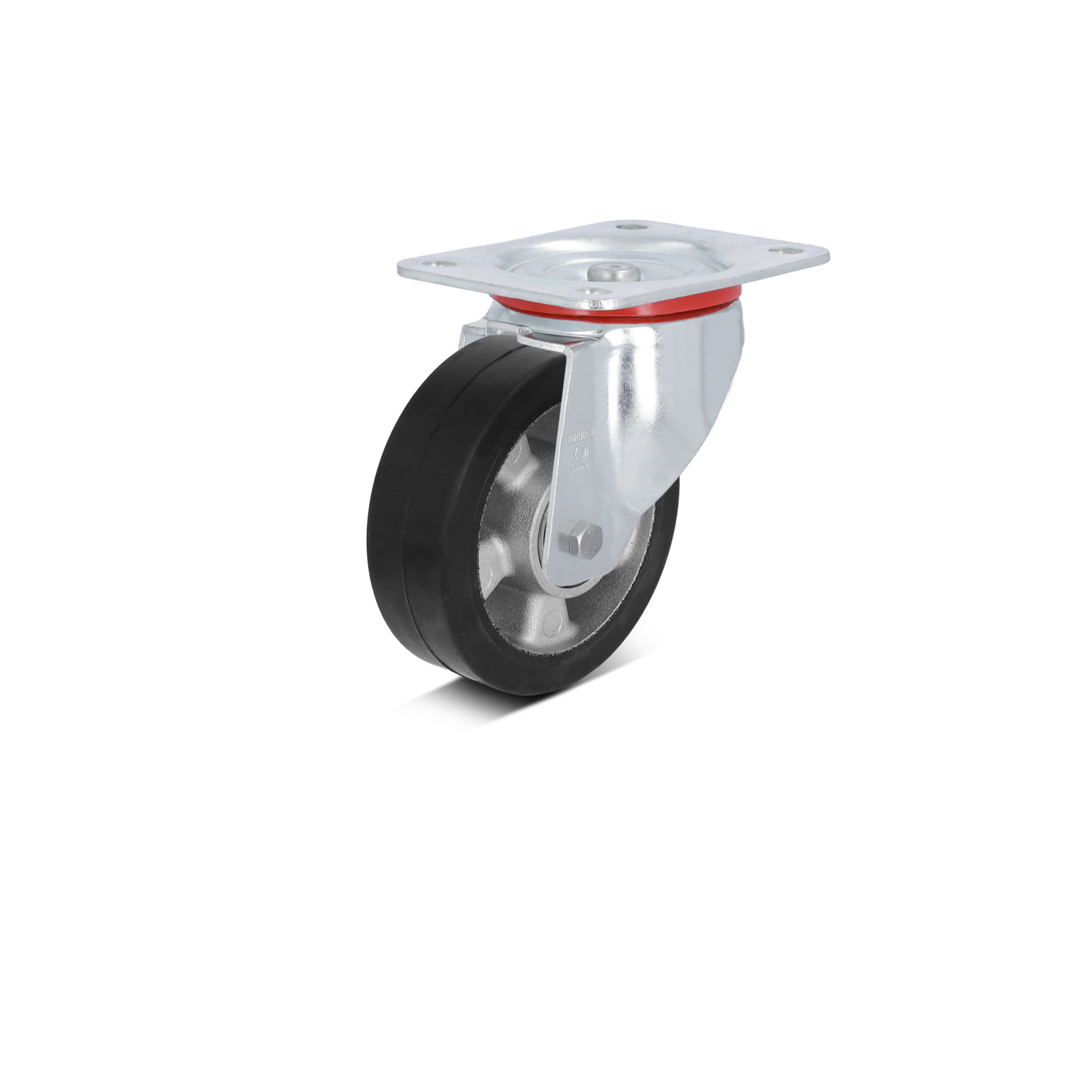Swivel castor featuring a black rubber wheel mounted on a silver metal bracket with a square mounting plate. The context is neutral, against a plain black background.