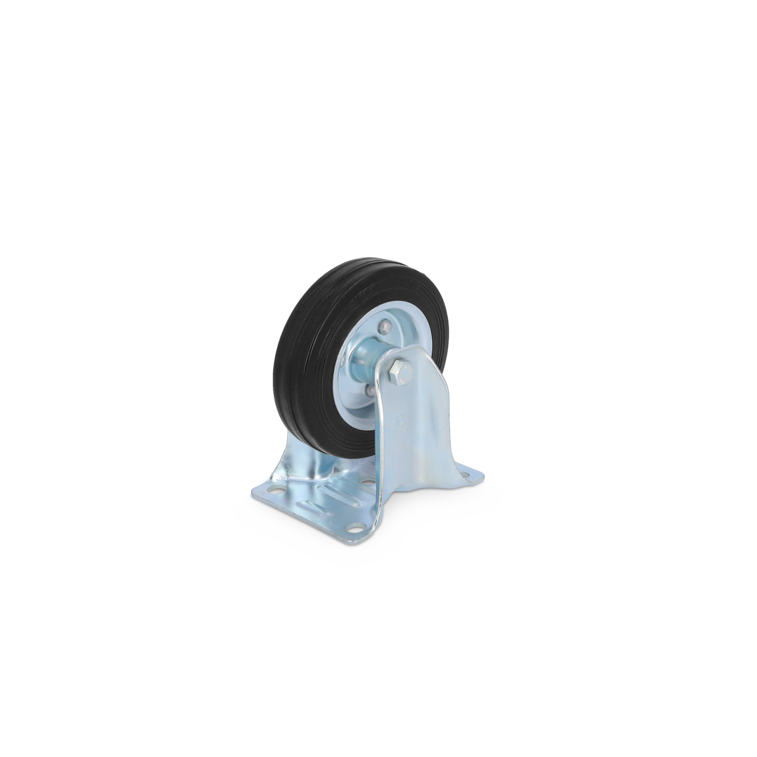 A black rubber wheel is mounted on a metallic swivel bracket with a shiny finish. The base has four holes for securing it to a surface, ideal for industrial applications.