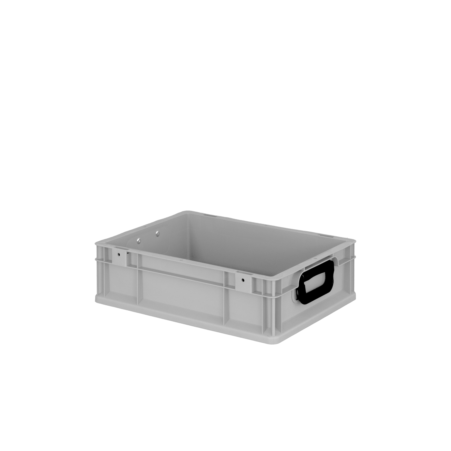 Eine graue Kunststoffbox mit einer stabilen Konstruktion und einem schwarzen Haltegriff. Die Box hat glatte Seiten und eine offene Oberseite, platziert vor einem neutralen, schwarzen Hintergrund.