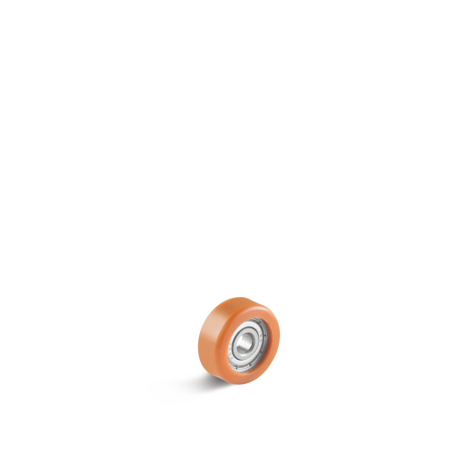 Ein Rad mit einem orangefarbenen Gummiüberzug und einem sichtbaren Metalllager in der Mitte. Es ist auf einer weißen Oberfläche positioniert, auf einem neutralen Hintergrund.