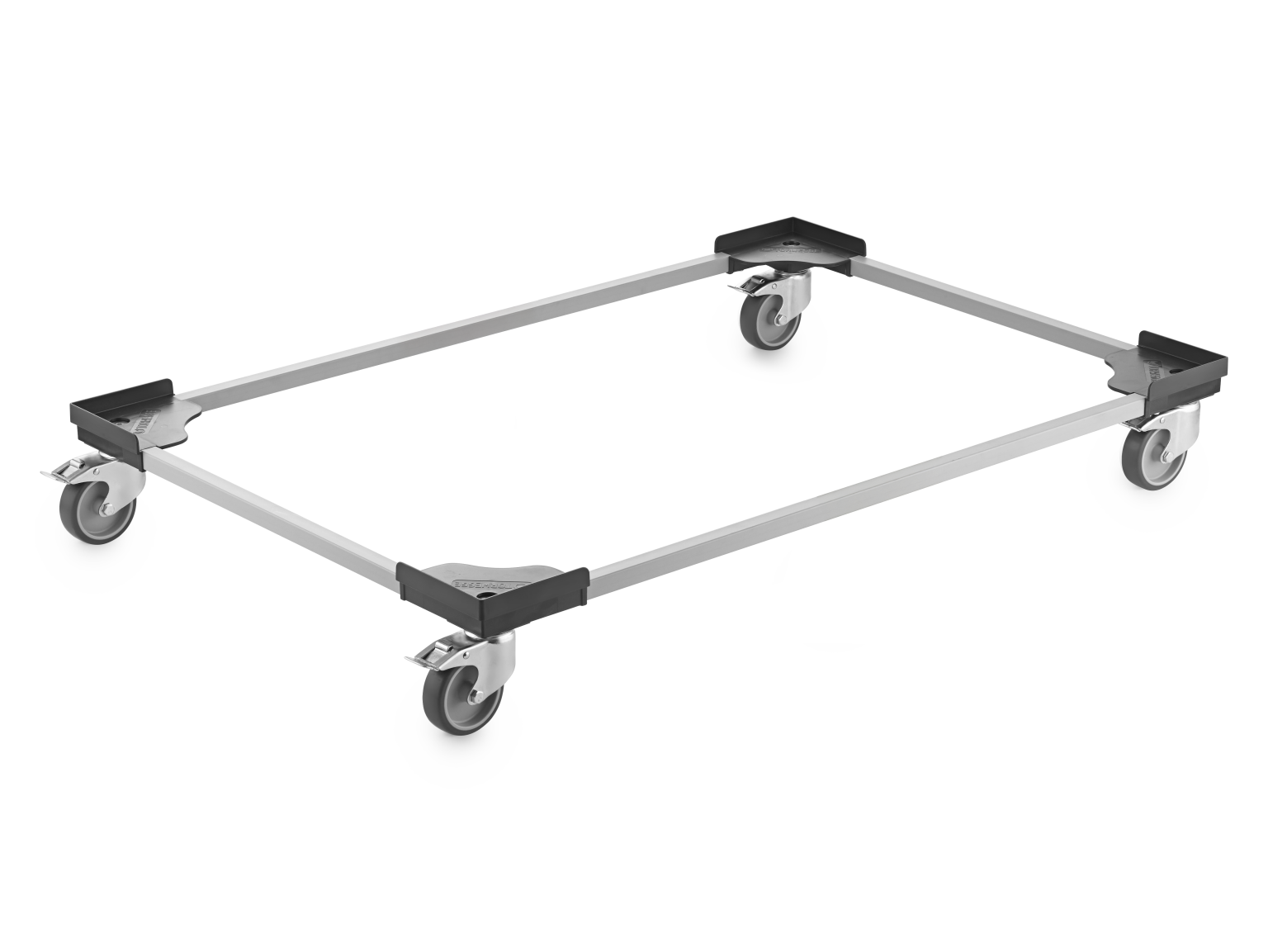 A rectangular transport dolly features a metal frame with four swivel wheels on each corner. The frame has plastic corners for added stability, positioned against a blank background.
