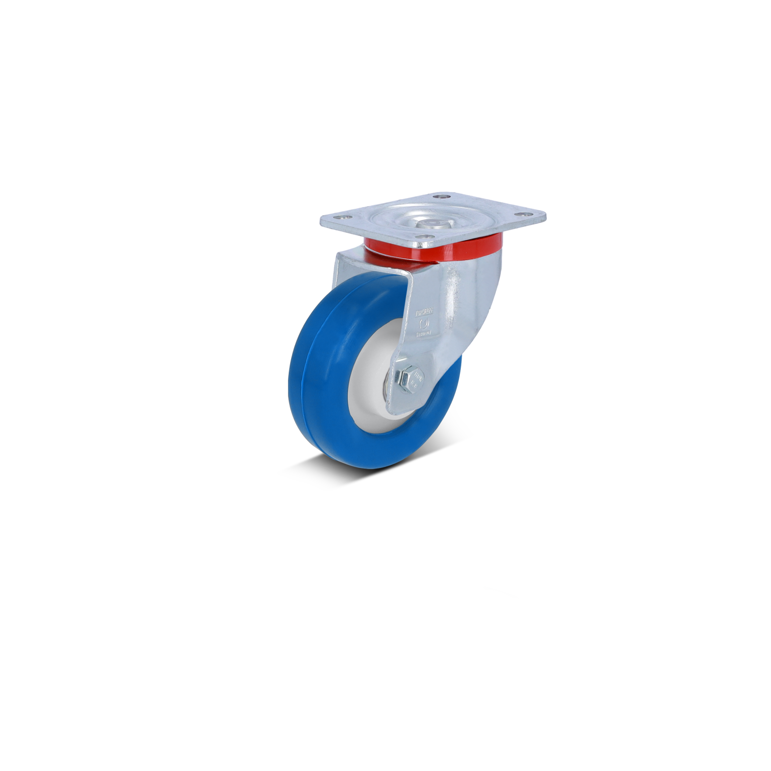 A blue rubber caster with a white inner rim is mounted on a metal plate. The plate features a mounting hole at the center for installation, emphasizing its suitability for various material handling applications.