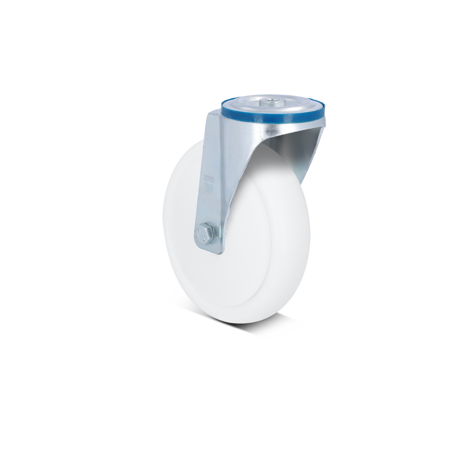 White industrial wheel mounted on a silver metal bracket. The wheel features a smooth surface, likely made of plastic, and is secured with a bolt, suitable for moving equipment or carts.