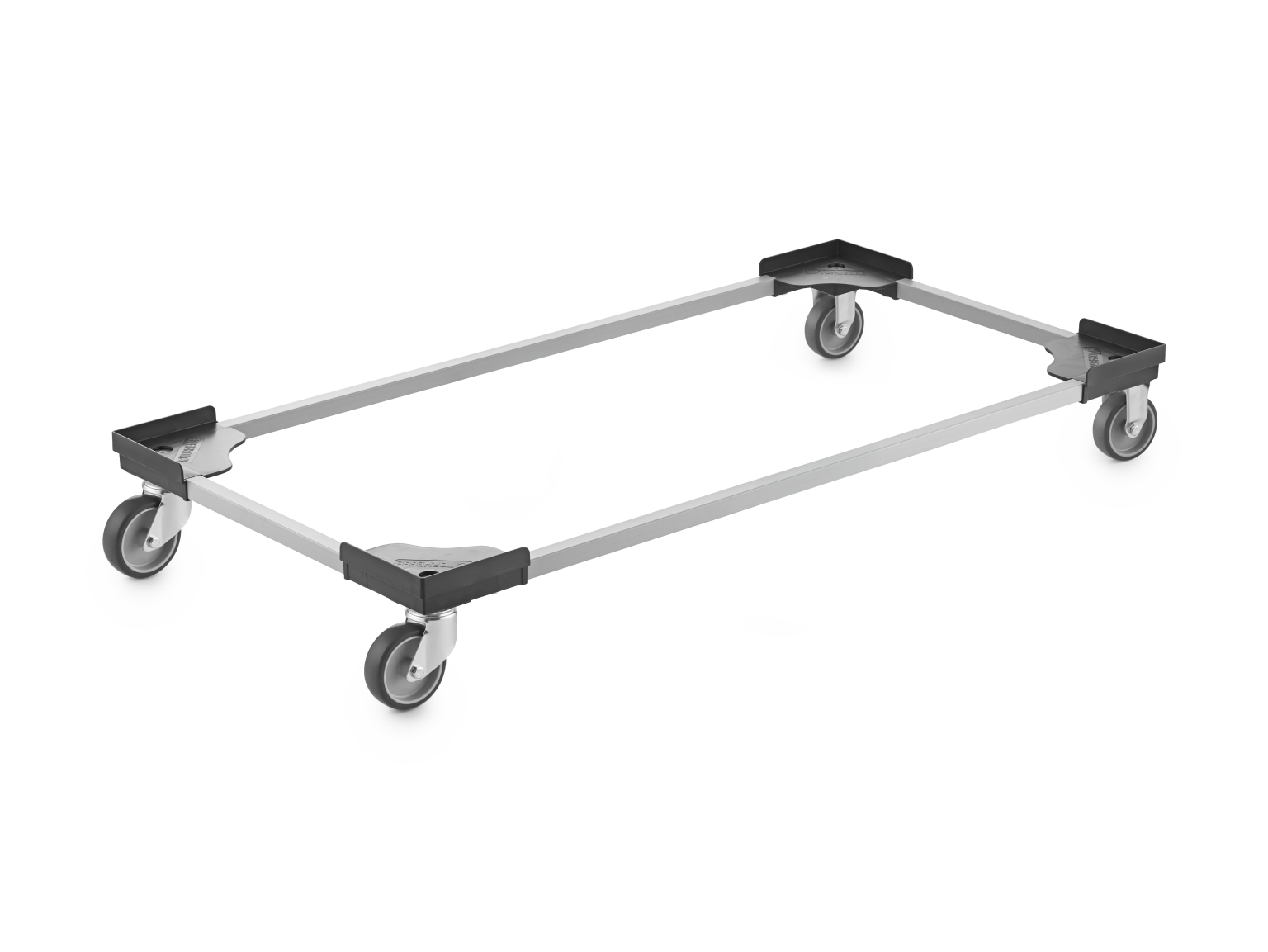 A rectangular transport trolley frame features four swivel wheels for mobility. The lightweight metal structure with plastic corner connectors allows for easy movement of various loads in an industrial setting.