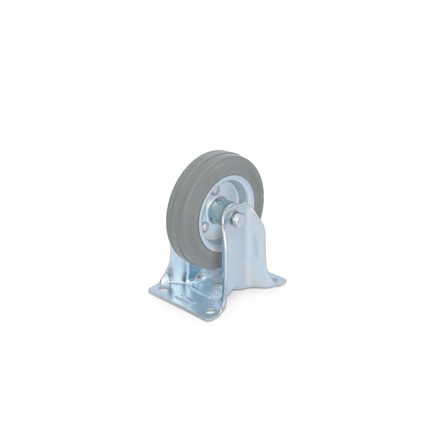 A grey rubber wheel with a metal mounting plate is shown. The wheel is attached to a swivel mechanism, allowing for easy movement, positioned against a light background.